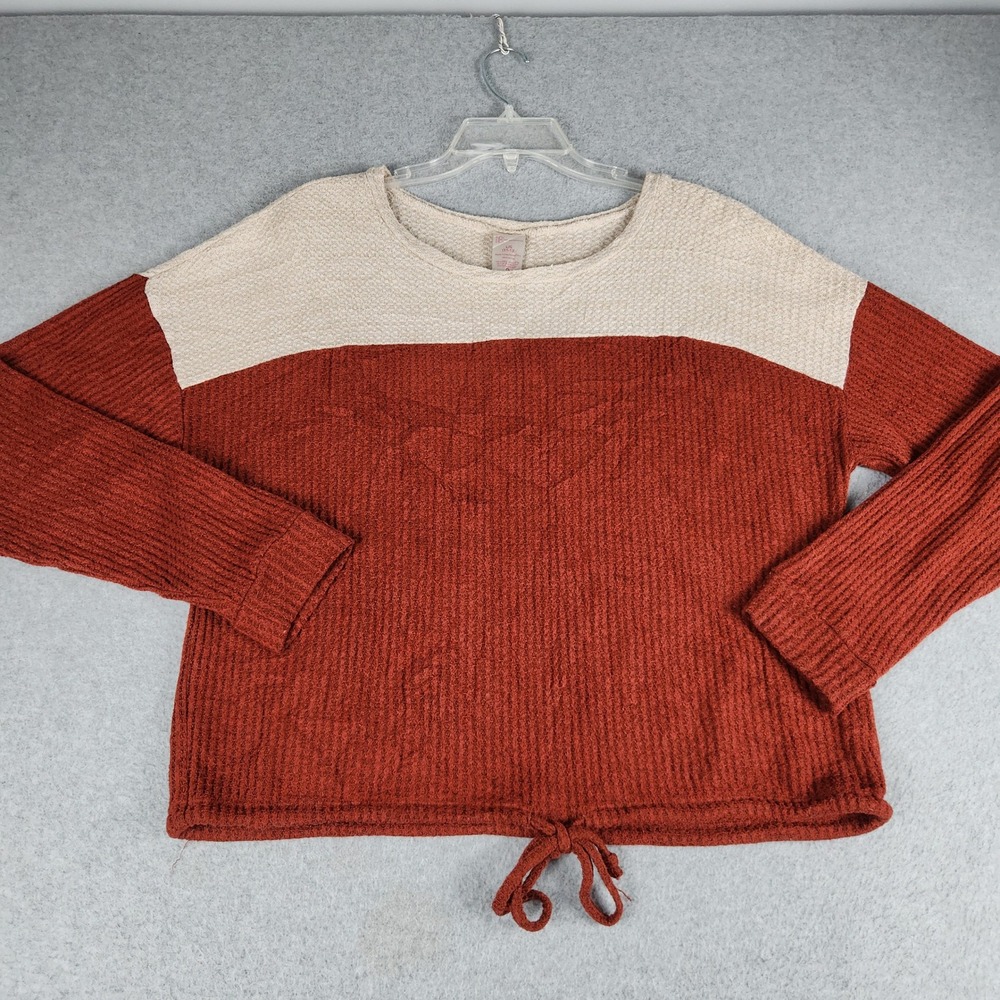 No Boundaries Sweater Womens Large Burnt Red Tan Colorblock Waffle Knit Tie Hem‎